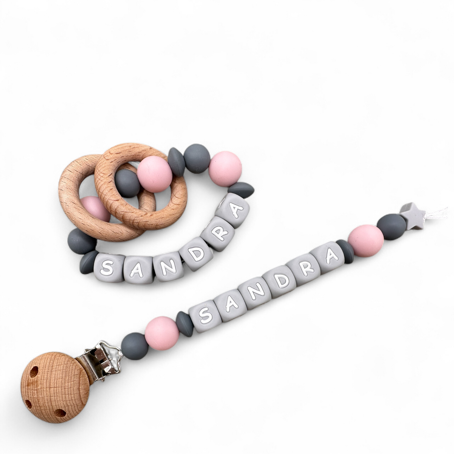 Personalized Pacifier Clips, Pink Collection, Sandra Model