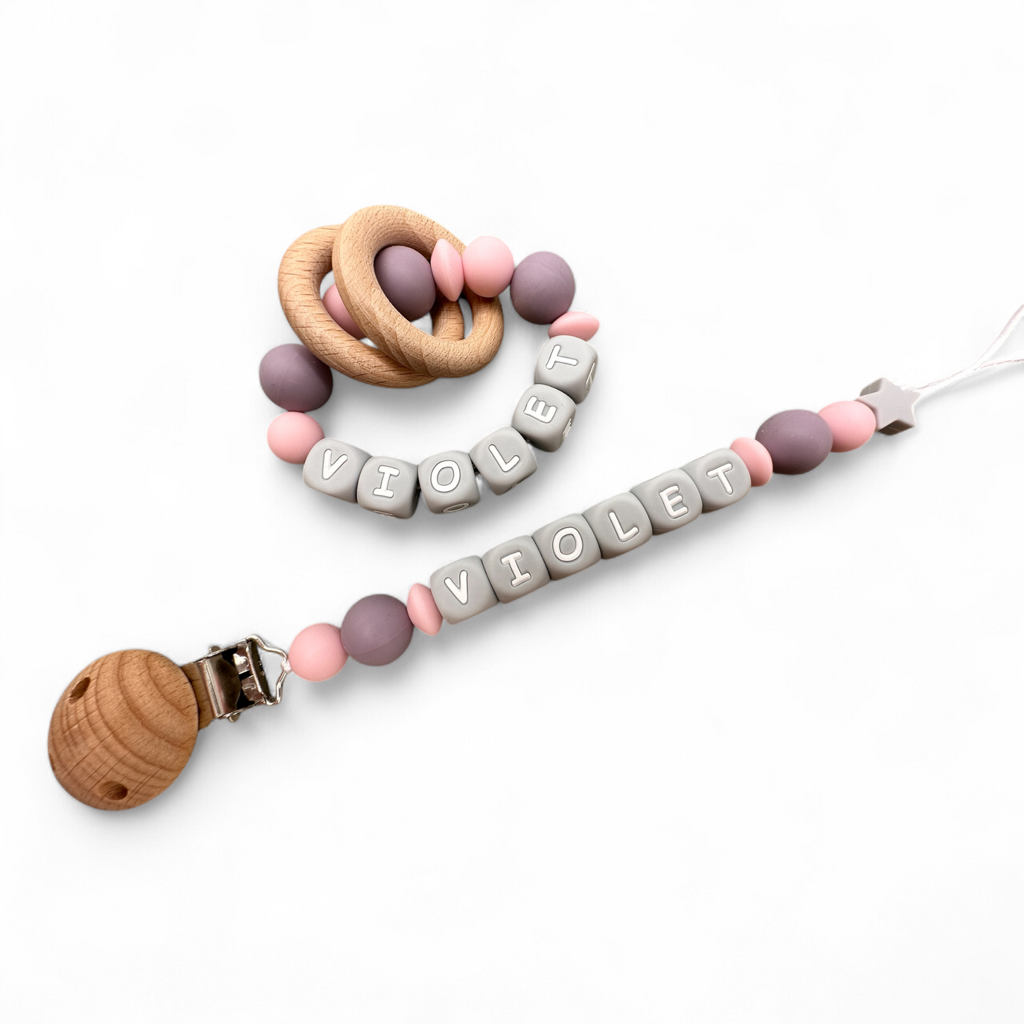 Personalized Pacifier Clips, Pink Collection, Violet Model