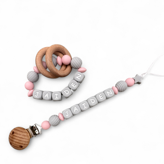 Personalized Pacifier Clips, Pink Collection, Jaiden Model