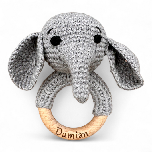 Crochet Animal Baby Rattle – Wooden Ring | Personalized Elephant, Hippo & Giraffe Options