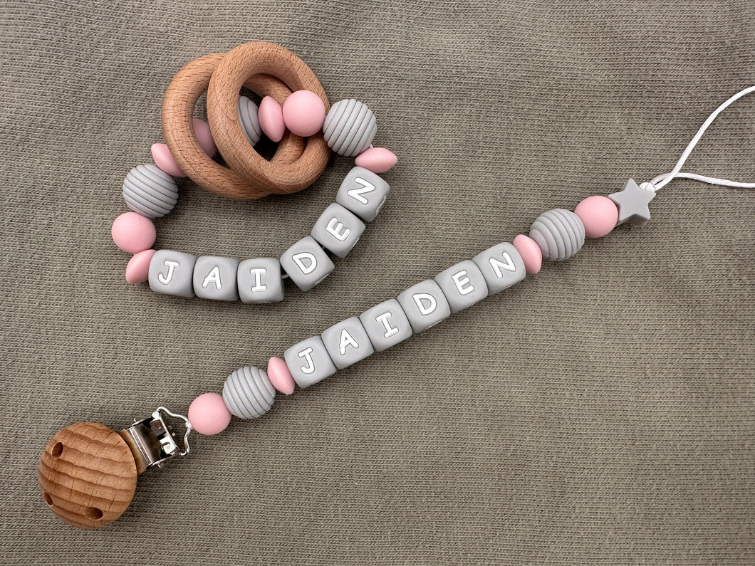 Personalized Pacifier Clips, Pink Collection, Jaiden Model