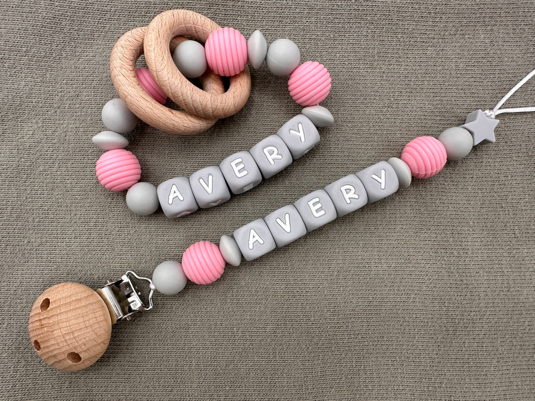 Personalized Pacifier Clips, Pink Collection, Avery Model