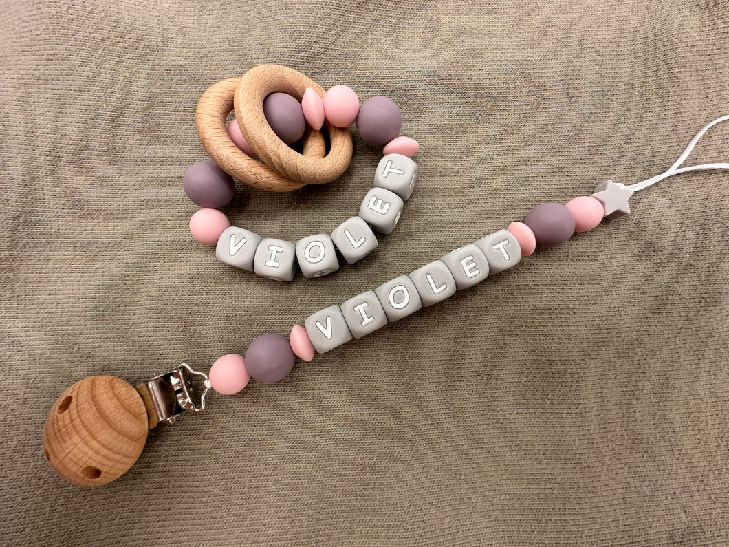 Personalized Pacifier Clips, Pink Collection, Violet Model