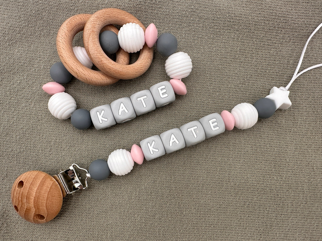 Personalized Pacifier Clips, Pink Collection, Kate Model