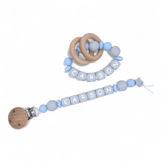 Personalized Pacifier Clips, Blue Collection, Carson Model
