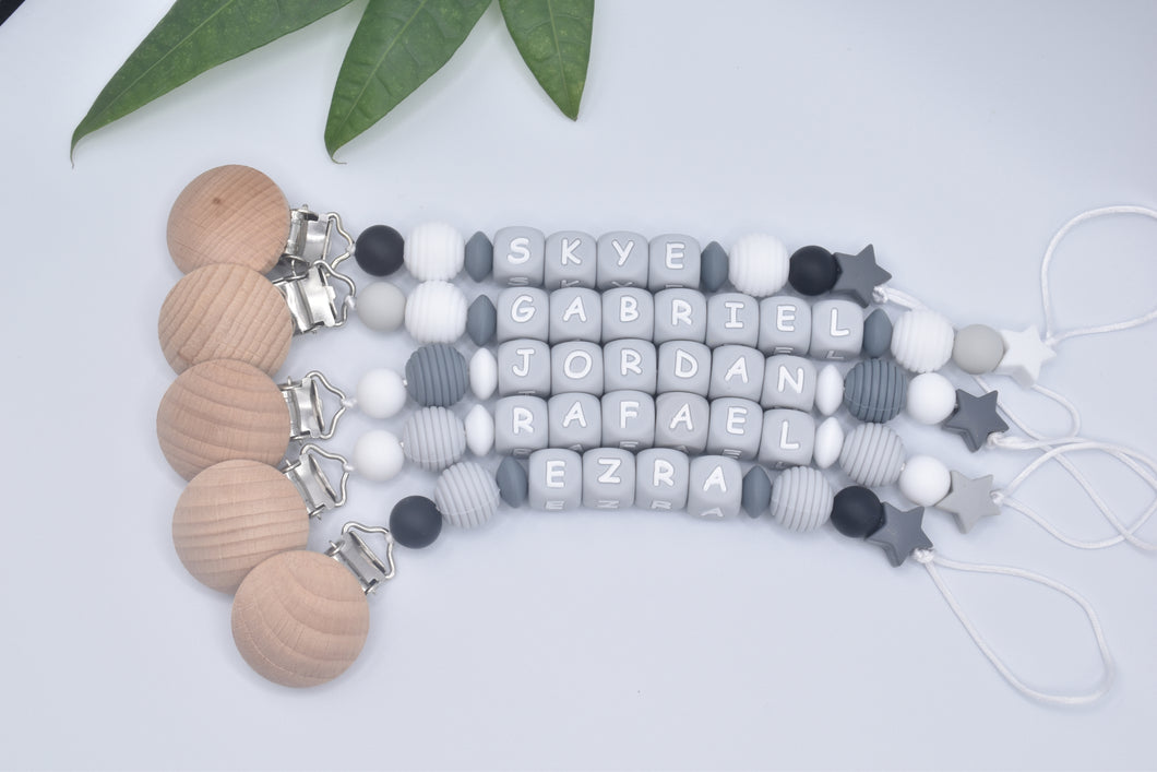 Personalized Pacifier Clips, Gray Collection